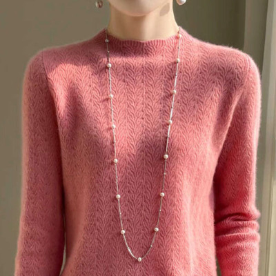 年秋冬新款仿羊毛花边半高圆领针织衫镂空钩花软糯打底衫上衣