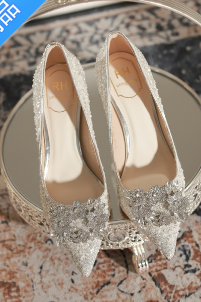 SUNTEK法式婚鞋新娘鞋主婚纱秀禾两穿高跟鞋细跟2023银色结婚礼服水晶鞋