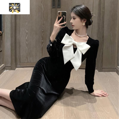 暖青汇大码复古气质V领露背蝴蝶结金丝绒连衣裙女收腰显瘦时尚潮流长裙大码女装
