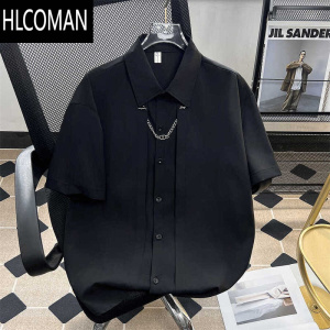 HLCOMAN小众设计感链条短袖衬衫男潮流美式黑色复古痞帅宽松休闲衬衣男款