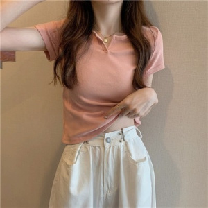 6535棉 纯色设计感短款T恤女夏季短袖v领打底衫高腰露脐上衣女装