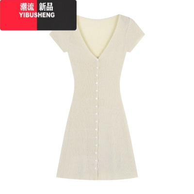 YIBUSHENG纯欲简约V领针织连衣裙女2024早春新款修身收腰A字裙短裙