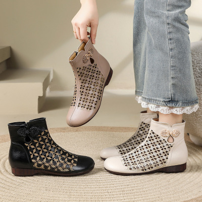 头层牛皮复古镂空马丁靴女26春夏新款中跟民族风休闲软底妈妈凉靴_581