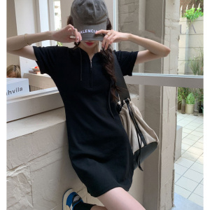 连帽连衣裙女夏季新款拉链微开叉收腰修身显瘦甜辣纯色风短袖裙子