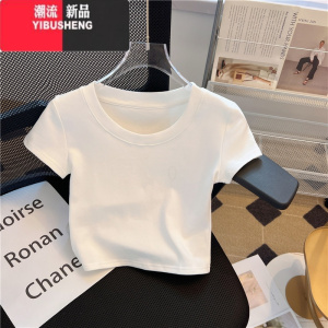 YIBUSHENG白色短袖t恤女装季新款正肩修身独特短款上衣高腰露脐印花
