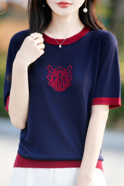 福字针织短袖女夏季新款大码女装拼色薄款上衣设计感圆领天丝T恤