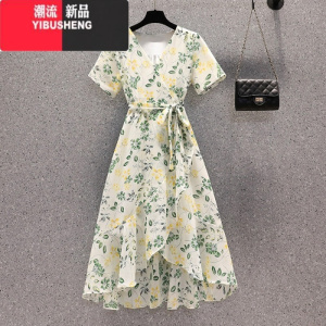 YIBUSHENG系带连衣裙装2023年新款女装显瘦气质优雅女人味中长款碎花裙子