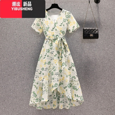 YIBUSHENG系带连衣裙装2023年新款女装显瘦气质优雅女人味中长款碎花裙子