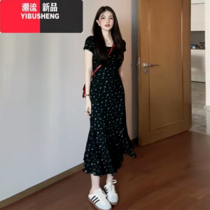 YIBUSHENG法式黑色碎花连衣裙女季2024年新款小众设计感气质收腰显瘦长裙