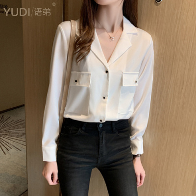 YUDI语弟春夏新款2021韩版百搭V领大口袋长袖雪纺衫衬衫女上衣潮
