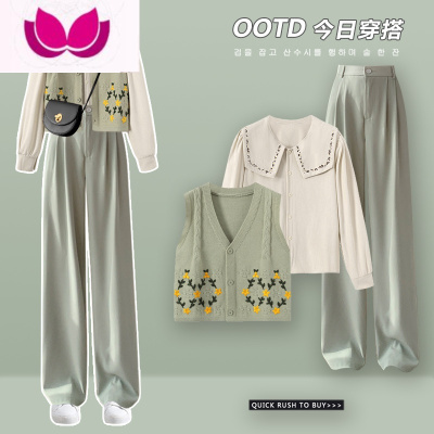 七斓小个子高级感西装阔腿裤职业套装女早春穿搭活泼马甲衬衫套三