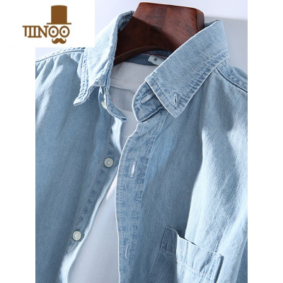 YANXU日系牛仔衬衫男士复古休闲长袖寸衫青年潮流宽松水洗衬衣