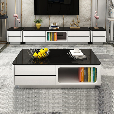 趣阁木业 电视柜 简约现代白色大理石茶几电视柜组合 钢化玻璃茶几客厅木质大小户型家具套装烤漆茶几电视柜组合背景墙柜