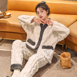 女士秋冬季法兰绒开衫睡衣加绒加厚保暖少女卡通珊瑚绒冬天家居服