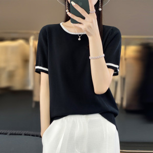 短袖宽松拼色针织衫冰丝上衣女新款春季套头圆领三分袖打底薄