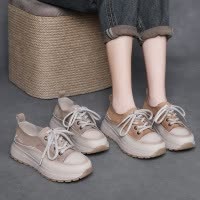 头层牛皮厚底拼色板鞋女2025春季新款舒适百搭休闲鞋圆头系带单鞋