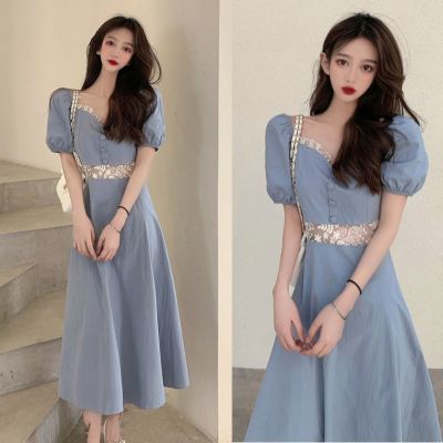 2021年法式收腰显瘦长裙甜美温柔气质修身蓝色连衣裙女夏威珺