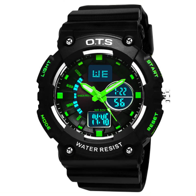 O.T.S奥迪斯游泳手表电子表男士双显多功能计时50M防水表夜光灯学生户外大表盘运动男表时尚女生电子表8058黑绿色(大号)