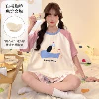 夏季韩版仿棉带胸垫睡衣女士甜美可爱卡通休闲家居服套装_997