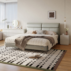 现代简约皮艺床头层黄牛皮软靠皮床六斗柜卧室套装