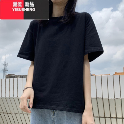 YIBUSHENG棉质装短袖t恤女黑色宽松显瘦半袖大码韩版2023新款上衣服ins潮