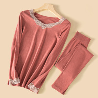 秋冬新款德绒保暖内衣女V领蕾丝发热绵羊毛修身秋衣秋裤套装