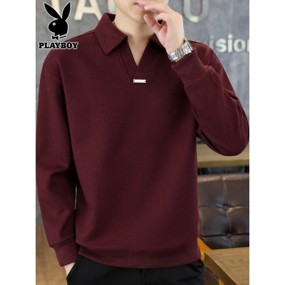 花花公子翻领卫衣男士2025年秋季新款打底上衣潮流红色长袖t恤男