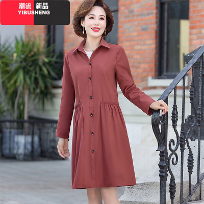YIBUSHENG妈妈春秋装中长款风衣纯色中年女长袖上衣中老年女装薄款洋气外套妈妈装