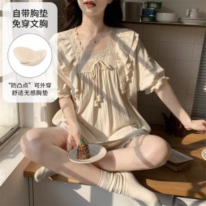 睡衣女夏天可外穿2026新款薄款短袖夏季带胸垫宽松学生家居服套装