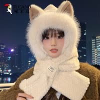 啄木鸟可爱狐狸耳朵毛绒帽子围巾一体冬季护耳保暖帽百搭学生围脖