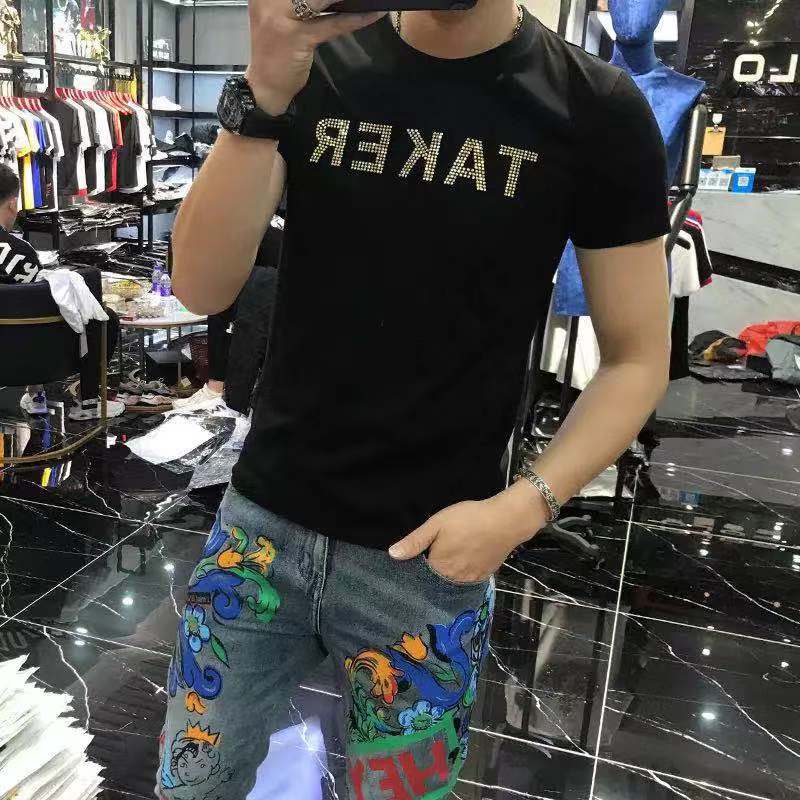 男士夏季短袖T恤男欧洲站个性潮牌修身圆领 重工皇冠烫钻潮流