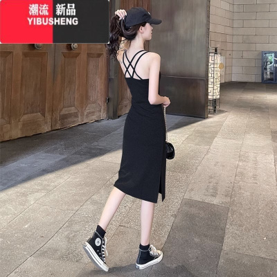 YIBUSHENG[两件装]吊带背心连衣裙女美背开叉百搭显瘦性感中长款打底裙子