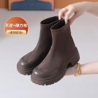 马丁靴女中跟皮靴秋冬季新款厚底短靴气质弹力靴套筒瘦瘦靴