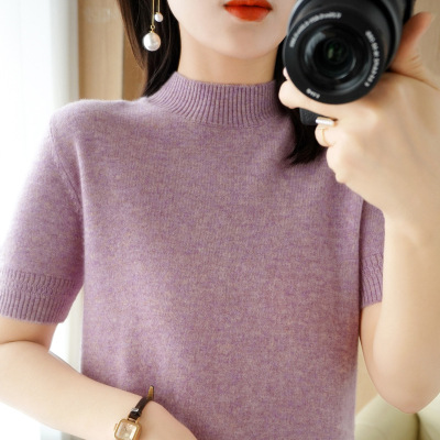 春夏针织短袖修身小款养肤半高领套头显瘦气质通勤打底衫女薄款