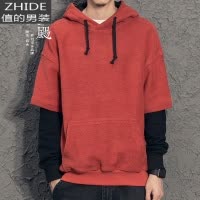 SUNTEK2020秋冬oversize卫衣嘻哈外套男 假两件卫衣男套头连帽韩版卫衣