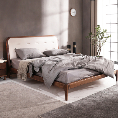 全简实木床黑胡桃木北欧风格实木床单双人真皮床新中式家具卧室双人床 1.8米宽