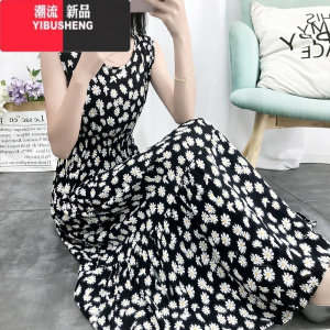 YIBUSHENG2024年大摆波西米亚小雏菊裙子女季收腰大码长裙无袖棉绸连衣裙