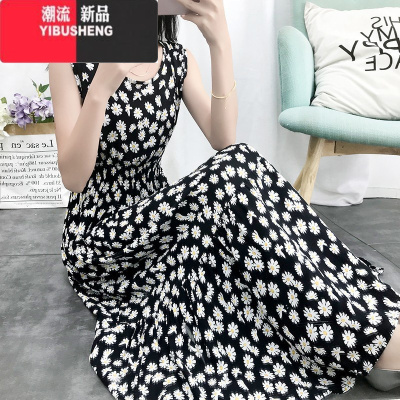 YIBUSHENG2024年大摆波西米亚小雏菊裙子女季收腰大码长裙无袖棉绸连衣裙
