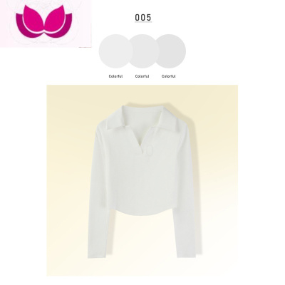 七斓polo领正肩t恤女早秋上衣女新款长袖打底衫内搭修身V领短款体恤衫