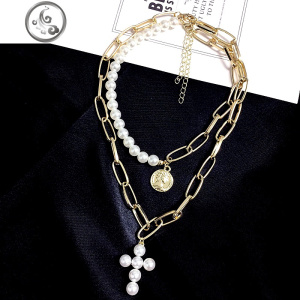 韩国新款网红气质复古锁骨链大气珍珠配饰时尚女两件套项链 JiMi 金色