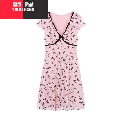 YIBUSHENG美式辣妹深V领连衣裙女季性感蝴蝶结印花修身A字裙短裙