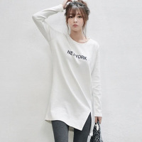 迪鲁奥(DILUAO)新款女装白色衬衫袖棉恤女2021早秋装新款韩版中长款宽松大码上衣打底衫