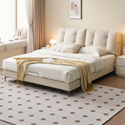 全友家居奶油风卧室家具猫爪绒布布艺床双层床屏布床双人软床