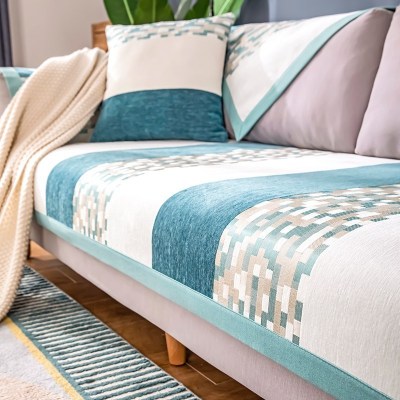 家柏饰(CORATED)北欧四季通用沙发垫防滑简约全包萬能沙发套罩布艺沙发巾沙发盖布 方块蓝 110*210cm