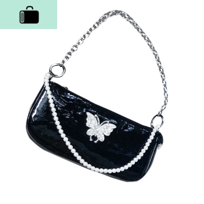 满分搭配原创蝴蝶水钻珍珠链条ins潮流女单肩斜挎手提法棍腋下包NEW LAKE 黑色女士单肩包