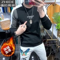 SUNTEK冬季时尚潮流拼色卫衣男式加绒加厚修身长袖上衣网红弹力休闲体恤卫衣