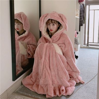 SleepyBear秋冬加厚保暖睡袍女中长款韩版睡衣套装甜美可爱兔耳朵浴袍家居服