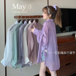夏季韩版宽松长袖开衫外套女衬衫东南亚女装纯色薄款风衣防晒衣女_2_590