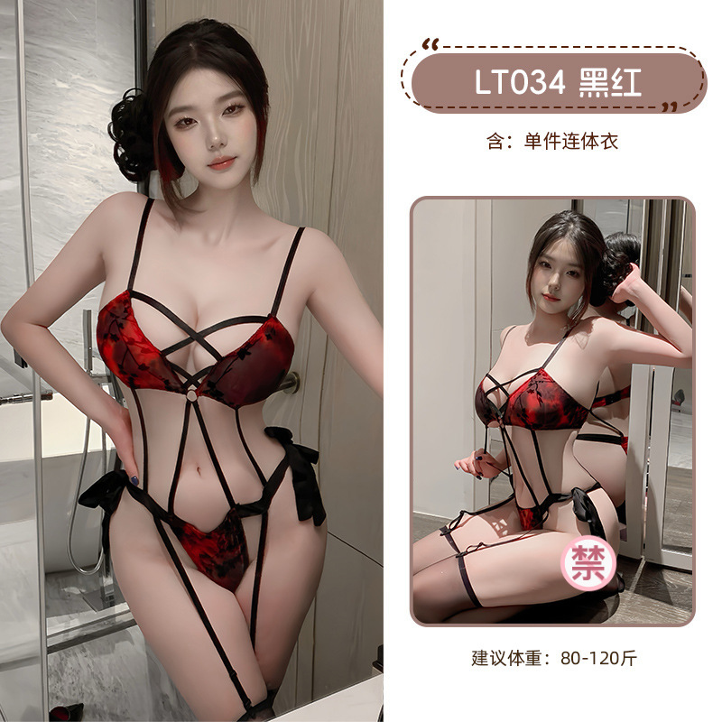 九里晴川性感蕾丝三点式绑带连体衣免脱诱惑聚拢情趣内衣LT034 九里晴川LT034[三点绑带连衣裙-黑红] 均码