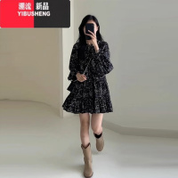 YIBUSHENG茶歇法式黑色碎花连衣裙子女款2024新款季小个子气质看短裙